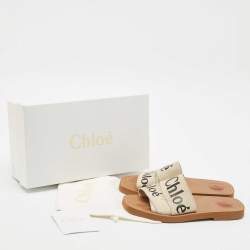 Pre Owned Chloe Off White Canvas Logo Ribbon Woody Flat Slide Sandals Size 37