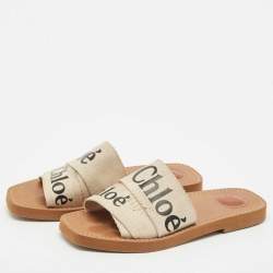 Pre Owned Chloe Off White Canvas Logo Ribbon Woody Flat Slide Sandals Size 37