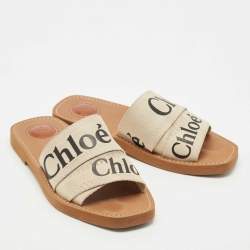 Pre Owned Chloe Off White Canvas Logo Ribbon Woody Flat Slide Sandals Size 37