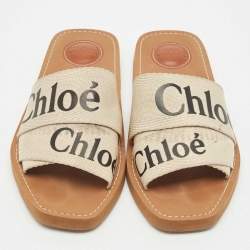 Pre Owned Chloe Off White Canvas Logo Ribbon Woody Flat Slide Sandals Size 37