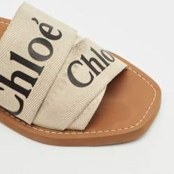 Pre Owned Chloe Off White Canvas Logo Ribbon Woody Flat Slide Sandals Size 37