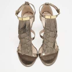 Chloe Metallic Leather Fringe T-Strap Sandals Size 36.5