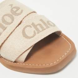Chloe Beige Canvas Logo Ribbon Woody Flat Slide Sandals Size 37