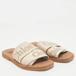 Chloe Beige Canvas Logo Ribbon Woody Flat Slide Sandals Size 37