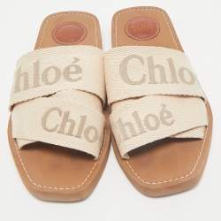 Chloe Beige Canvas Logo Ribbon Woody Flat Slide Sandals Size 37