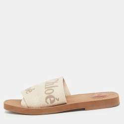 Chloe Beige Canvas Logo Ribbon Woody Flat Slide Sandals Size 37