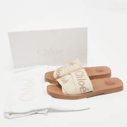 Chloe Beige Canvas Logo Ribbon Woody Flat Slide Sandals Size 37