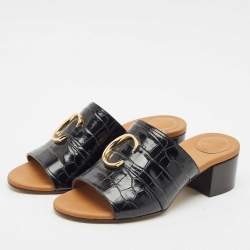 Chloe Black Croc Embossed Leather  C Logo Mules Size 40