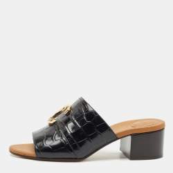 Chloe Black Croc Embossed Leather  C Logo Mules Size 40