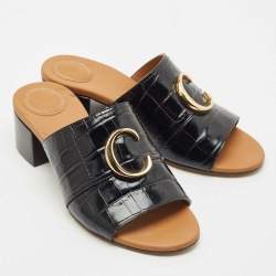 Chloe Black Croc Embossed Leather  C Logo Mules Size 40