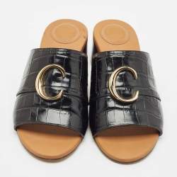 Chloe Black Croc Embossed Leather  C Logo Mules Size 40