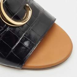 Chloe Black Croc Embossed Leather  C Logo Mules Size 40