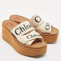 Chloe White Canvas Woody Wedge Slide Sandals Size 39