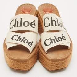 Chloe White Canvas Woody Wedge Slide Sandals Size 39