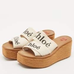 Chloe White Canvas Woody Wedge Slide Sandals Size 39