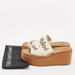 Chloe White Canvas Woody Wedge Slide Sandals Size 39