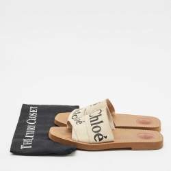 Chloe Off White Logo Print Canvas Woody Flat Slides Size 38