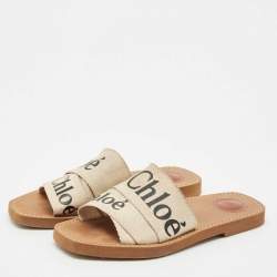 Chloe Off White Logo Print Canvas Woody Flat Slides Size 38