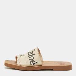Chloe Off White Logo Print Canvas Woody Flat Slides Size 38