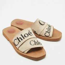 Chloe Off White Logo Print Canvas Woody Flat Slides Size 38