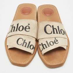 Chloe Off White Logo Print Canvas Woody Flat Slides Size 38