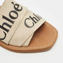Chloe Off White Logo Print Canvas Woody Flat Slides Size 38