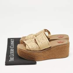 Pre Owned Chloe Beige Canvas Logo Print Woody Wedge Platform Slide Sandals Size 39