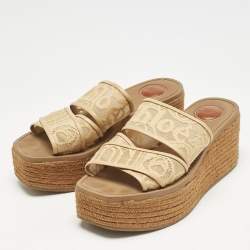 Pre Owned Chloe Beige Canvas Logo Print Woody Wedge Platform Slide Sandals Size 39