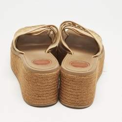 Pre Owned Chloe Beige Canvas Logo Print Woody Wedge Platform Slide Sandals Size 39