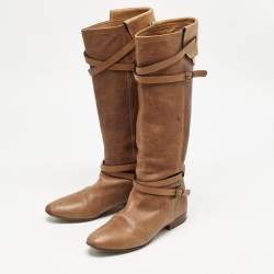 Chloe Brown Leather Strappy Buckle Knee Length Boots Size 38.5