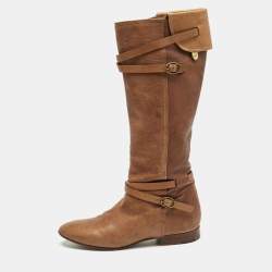 Chloe Brown Leather Strappy Buckle Knee Length Boots Size 38.5