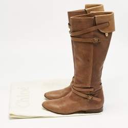Chloe Brown Leather Strappy Buckle Knee Length Boots Size 38.5