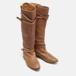 Chloe Brown Leather Strappy Buckle Knee Length Boots Size 38.5