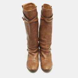 Chloe Brown Leather Strappy Buckle Knee Length Boots Size 38.5