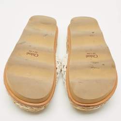 Pre Owned Chloe White Woven Crochet Wavy Flat Slides Size 37