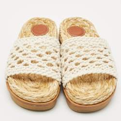 Pre Owned Chloe White Woven Crochet Wavy Flat Slides Size 37