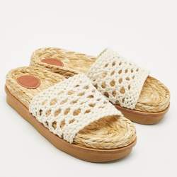 Pre Owned Chloe White Woven Crochet Wavy Flat Slides Size 37