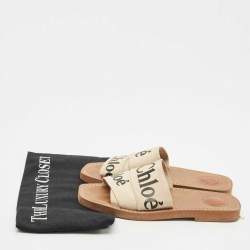 Chloe Beige Canvas Logo Ribbon Woody Flat Slide Sandals Size 37