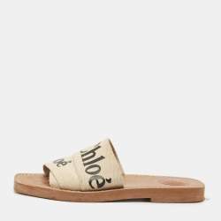 Chloe Beige Canvas Logo Ribbon Woody Flat Slide Sandals Size 37
