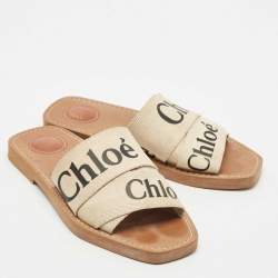 Chloe Beige Canvas Logo Ribbon Woody Flat Slide Sandals Size 37