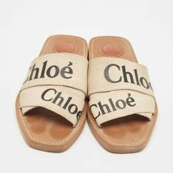 Chloe Beige Canvas Logo Ribbon Woody Flat Slide Sandals Size 37
