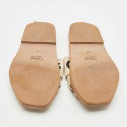 Chloe Beige Canvas Logo Ribbon Woody Flat Slide Sandals Size 37
