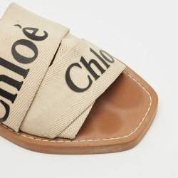 Chloe Beige Canvas Logo Ribbon Woody Flat Slide Sandals Size 37