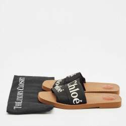 Chloe Black Canvas Logo Ribbon Woody Flat Slide Sandals Size 39
