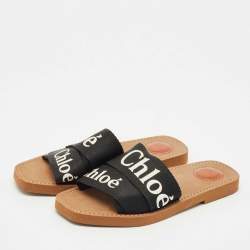 Chloe Black Canvas Logo Ribbon Woody Flat Slide Sandals Size 39