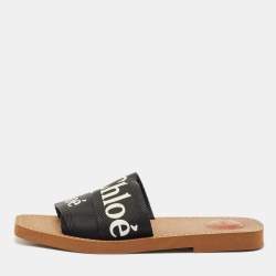 Chloe Black Canvas Logo Ribbon Woody Flat Slide Sandals Size 39