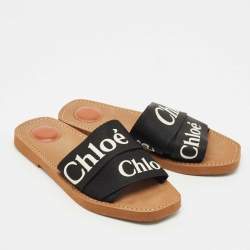 Chloe Black Canvas Logo Ribbon Woody Flat Slide Sandals Size 39