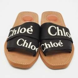 Chloe Black Canvas Logo Ribbon Woody Flat Slide Sandals Size 39