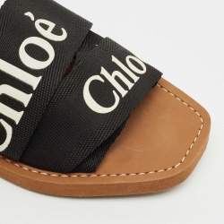 Chloe Black Canvas Logo Ribbon Woody Flat Slide Sandals Size 39