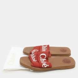 Chloe Burgundy Logo Print Canvas Woody Flat Slides Size 39